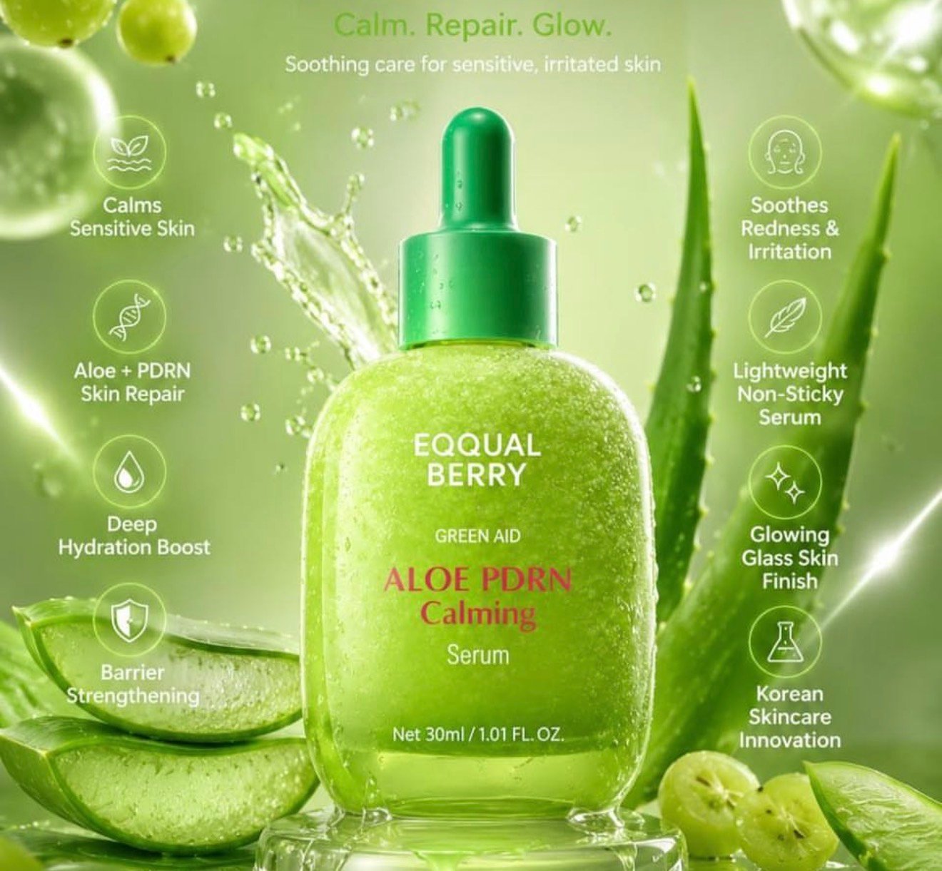 سيروم EQQUALBERRY Green Aid Aloe PDRN Calming Serum لتهدئة وترطيب البشرة 30 مل - الصورة 3